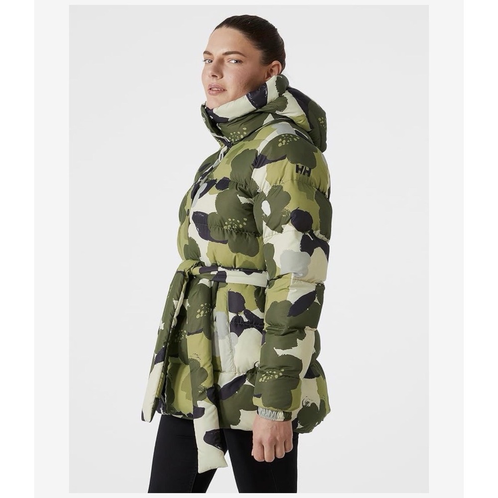Helly Hansen Womens Grace Puffy Parka Size Small Green Camouflage Hood Insulated